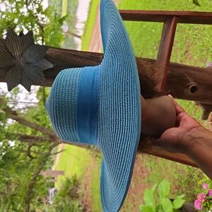 Sky Blue Extra Wide Floppy Brim Vintage Church Hat With Ribbon Accent
